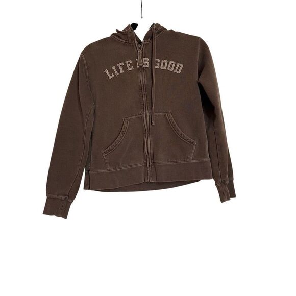 Life is Good Sweatshirt Womens Size Small Brown Hoodie Full Zip Spellout Logo - Picture 1 of 7